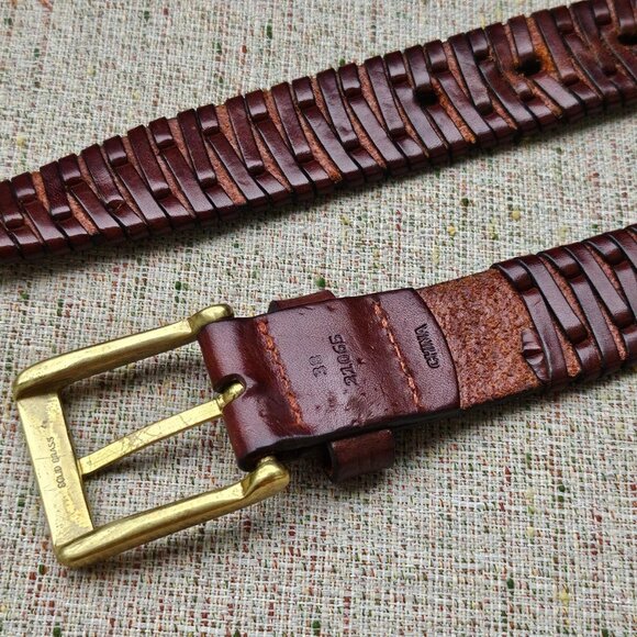 Genuine Leather Belt Brown Braided Unisex Gold Tone Solid Brass Buckle Waistband - Picture 5 of 12